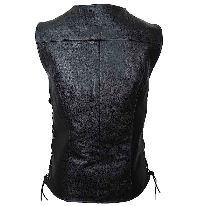 May include: Black leather vest with a classic design. The vest features a V-neck, a tailored fit, and side laces for adjustment. The back has a simple, clean design with vertical seams. A timeless piece for a biker or casual look.