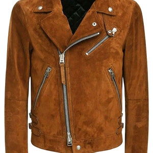 Men’s Slim-Fit Classic Genuine Suede Biker Jacket, Vintage Brown Suede Leather Cowboy Jacket, Western Style Men&#39;s Outerwear Unique-One Style