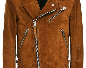 May include: A brown suede leather motorcycle jacket with a zipper closure and multiple pockets.