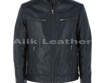 Mens Biker Leather Jacket Genuine Leather Zipped Motorcycle Style Leather Coat Men Classic Café Racer Retro Leather Jackets, Gifts For him
