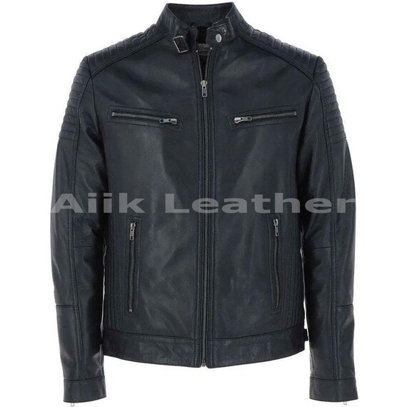 Chaqueta de cuero de motociclista para hombre, abrigo de cuero
