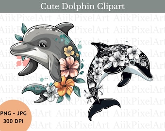 Cute Dolphin Clipart, Cute Dolphin Png And Jpg - 300 DPI, Floral Dolphin Clipart, Dolphin With Flower Png, Cute Baby Dolphin Png