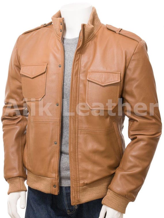 Men's Tan Leather Bomber Jacket, Oversize Men's Leather Bomber