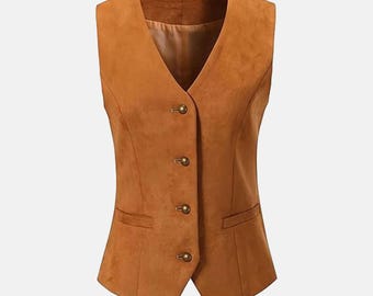 Ladies Leather Brown Waistcoat Side Laces Classic Motorcycle Waistcoat with Pockets Style Biker Women's Vintage Vests Gifts For Girls