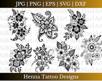 Henna Tattoo Designs, Mehndi Designs In Black Svg Png, Mehndi Svg File, Henna Drawing Clipart, Henna Templates, Henna Floral Digital Designs