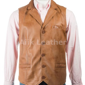 Men&#39;s Antique Cognac Collared Button-Up Leather Waistcoat, Leather Riding Vest, Motorcycle Vest, Leather Vest For men&#39;s , slim fit waistcoat