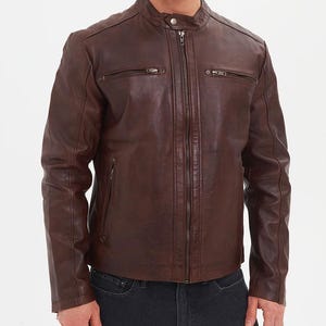 Chaqueta de cuero marrón para hombre, chaqueta de motociclista, chaqueta de cuero steampunk, chaqueta de cuero para hombre, piel de oveja, idea de regalo única para él