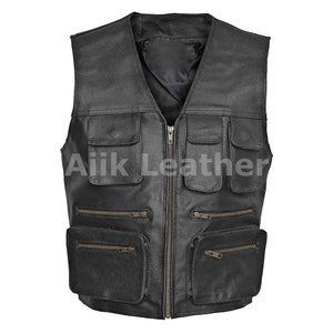 Men Vest Genuine Cowhide Leather Vest with Multi Pockets Fisherman Tactical Hunting Cargo Waistcoat Safari Shooting Travel Vest Gift For Dad