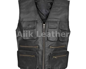 Männer Weste echte Rindsleder Weste mit Multi Taschen Fischer taktische Jagd Fracht Weste Safari Shooting Reise Weste Geschenk für Papa