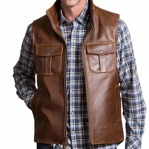 Men&#39;s Leather Vest Soft Real Leather Biker Vest Jacket Real Leather Brown Motorcycle Vest, Genuine Leather Sleeveless Vest, Gifts for Him