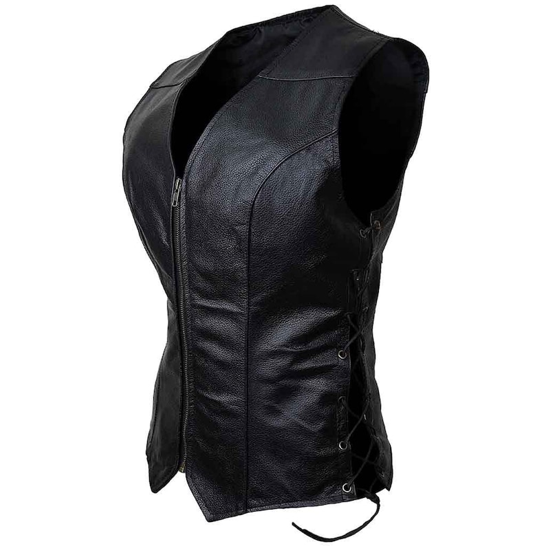 May include: Black leather vest with a V-neck, a front zipper, and lace-up detailing on the sides. The vest has a fitted silhouette and is designed to be worn as outerwear. The leather appears to be smooth and has a slight sheen.