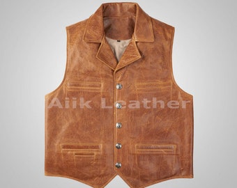 Brown Men's Western Cowboy Biker Leather Vest, Men’s Leather Slim Fit Vest, Gift For Him, Gift For Dad, Birthday Gift, Anniversary Gifts