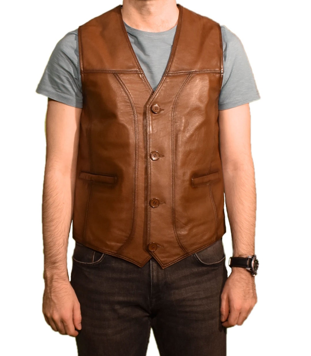 Men's Brown Leather Vest, Lamb Leather Vest, Black Leather Vest ...