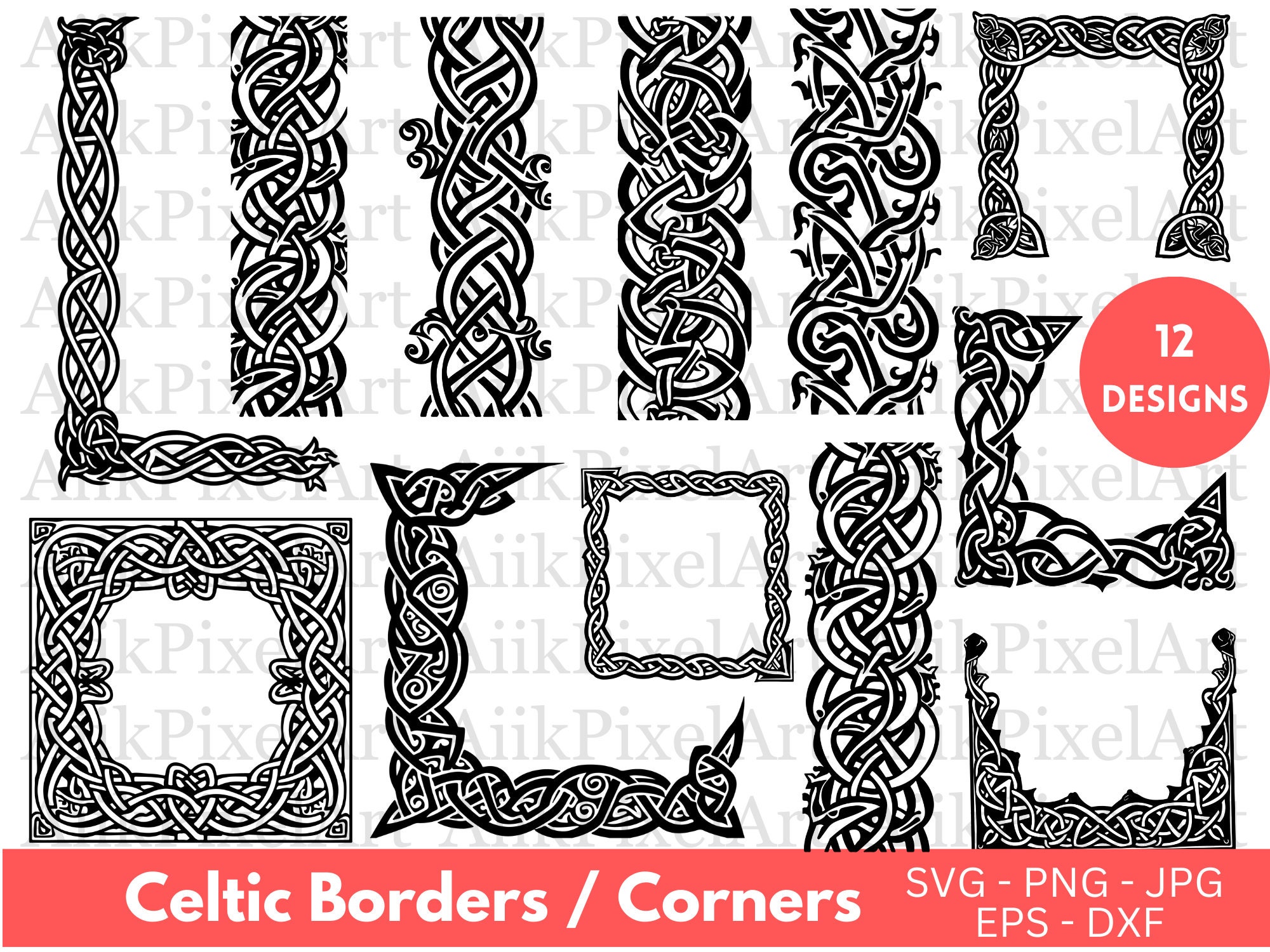 Celtic Border Svg Bundle, Celtic Divider, Celtic Corners 12 Separated Svg Png Jpg Files, Corner Border Svg, Line Border Svg, Silhouette Svg