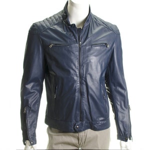 Custom Blue Lambskin Motorcycle Biker Slim Fit Leather Winter Jacket for Men | Vintage Style Customized Leather Jacket | Gifts for him & Dad