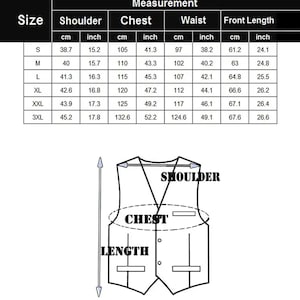 May include: A size chart for a vest with measurements in inches and centimeters. The chart shows the size, shoulder width, chest measurement, waist measurement, and front length. The vest is illustrated with labels for shoulder, chest, and length.