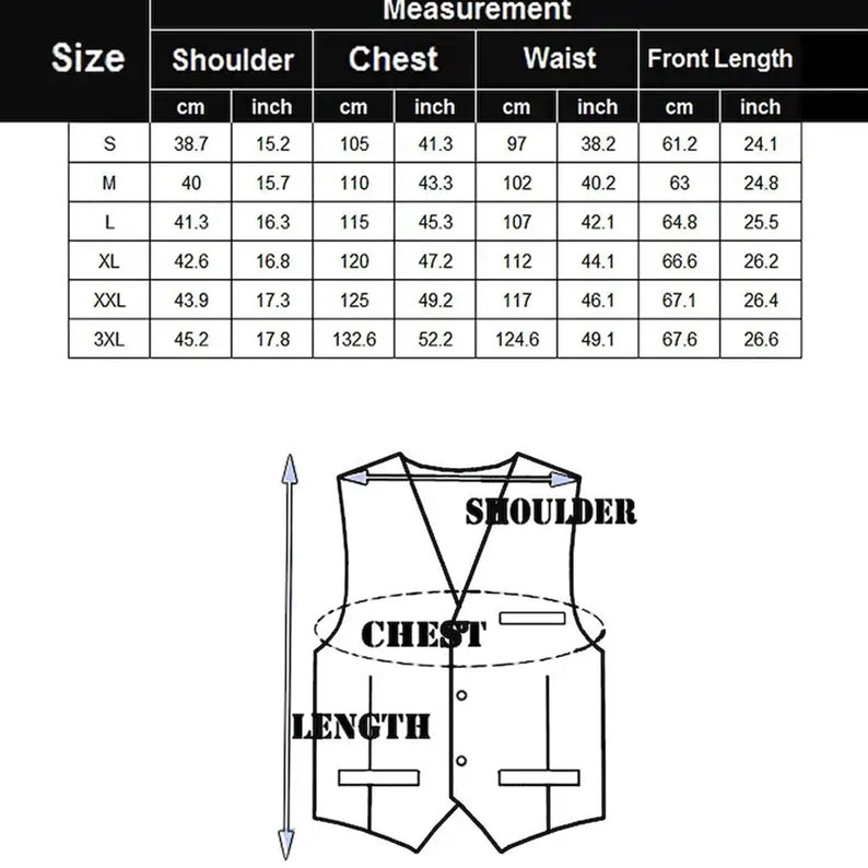 May include: A size chart for a vest with measurements in inches and centimeters. The chart shows the size, shoulder width, chest measurement, waist measurement, and front length. The vest is illustrated with labels for shoulder, chest, and length.