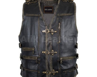 Handmade Men&#39;s Cow Leather Biker Vest: Rocker Motorcycle Waistcoat
