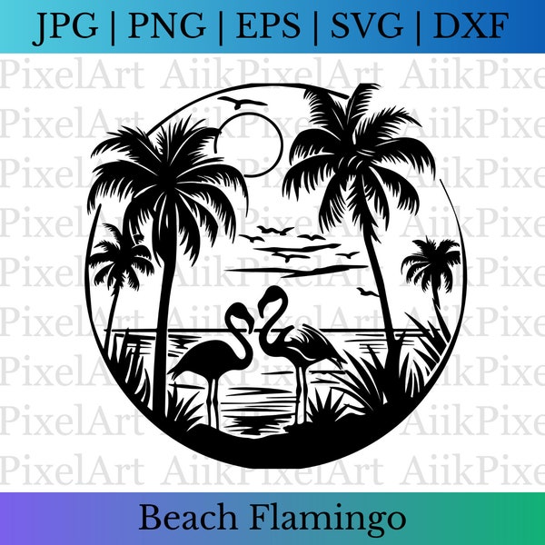 Flamingo SVG PNG, Beach Svg, Round Svg, Bird SVG, Summer Png, Palm Tree Svg, Floral Flamingo Png, Beach Scene Svg, Commercial Use