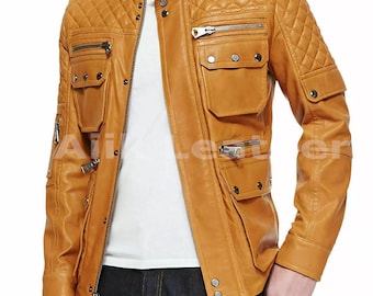 Leather Men's Genuine Lambskin Tan Brown Multi Pockets Hunting Fishing Safari Travelling Camping Outing Winter Moto Biker Jacket For Men's