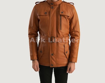Hunter Tan Leather Jacket Multi Pockets Hunting Fishing Safari Travelling Camping Outing Winter Biker Jacket, Gifts For Men's, Gift For Dad