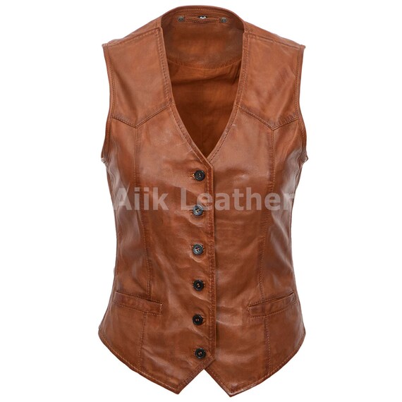 Brown Leather Vest: Women's Genuine Motorcycle Biker Vest