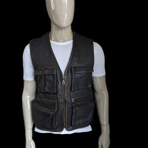 Black Brown Leather Vest for Men Size M, Vintage Real Leather Vest, Biker Riding Vest, Motorcycle Vest, Rocker Waistcoat, Gift for Him