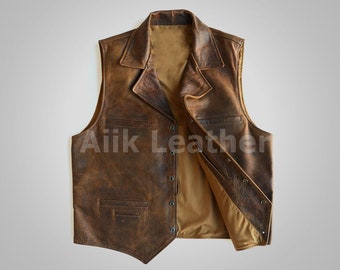 Brun herrväst i fårskinnsläder, herrväst i läder med slim fit, present till honom, present till pappa, födelsedagspresent, väst för män, presenter