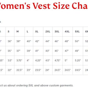 May include: A white chart titled "Women's Vest Size Chart" with size measurements for chest, bottom, shoulder, and length. Sizes range from XS to 8XL, with measurements in inches.