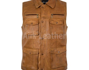 Herren Lederweste 100% Lamm Weiche Lederweste Braune Lederweste - Weiche Schaffell Weste Slim Fit Motorradweste, Lederweste, Geschenk für Männer