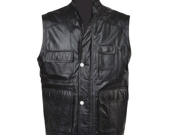 Men's Sons of Anarchy Style Leather Full Grain Cut Off Waistcoat Vest Eight Pocket Leather Gilet black, Gifts For Men's, Gifts For Him