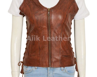 Ladies Leather Black Waistcoat Side Laces Classic Motorcycle Waistcoat with Deep Pockets Style Biker Women's Vintage Vests Gifts For Girls