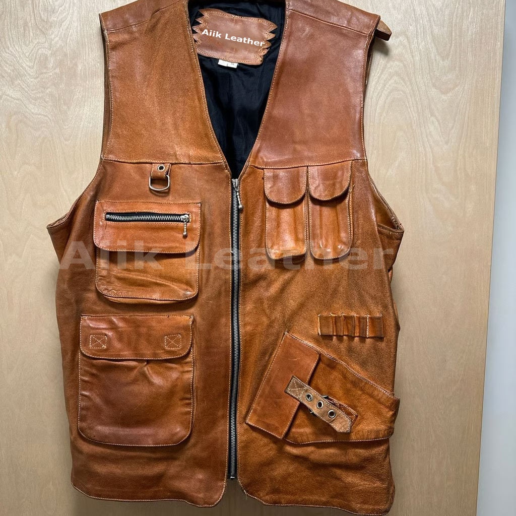 Handmade Brown Leather Vest: Vintage Motorcycle Biker Waistcoat