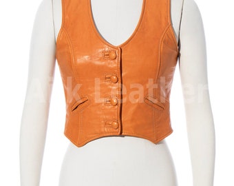 Brown Sleeveless Vest jacket for women made of genuine sheepskin leather Handmade leather vest, great gift for her Soft Leather Vest Women's