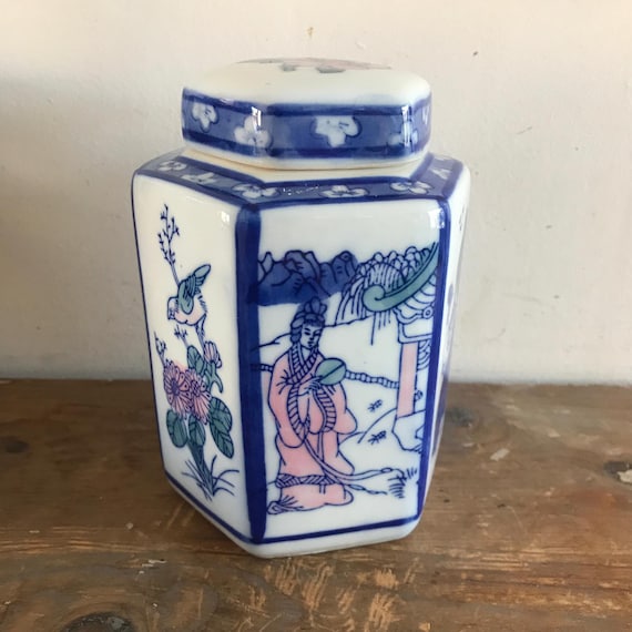 Hexagonal Blue & White Porcelain Tea Caddy - Birds & Trees Hexagonal Blue & White Porcelain Tea Caddy - Birds & Trees
