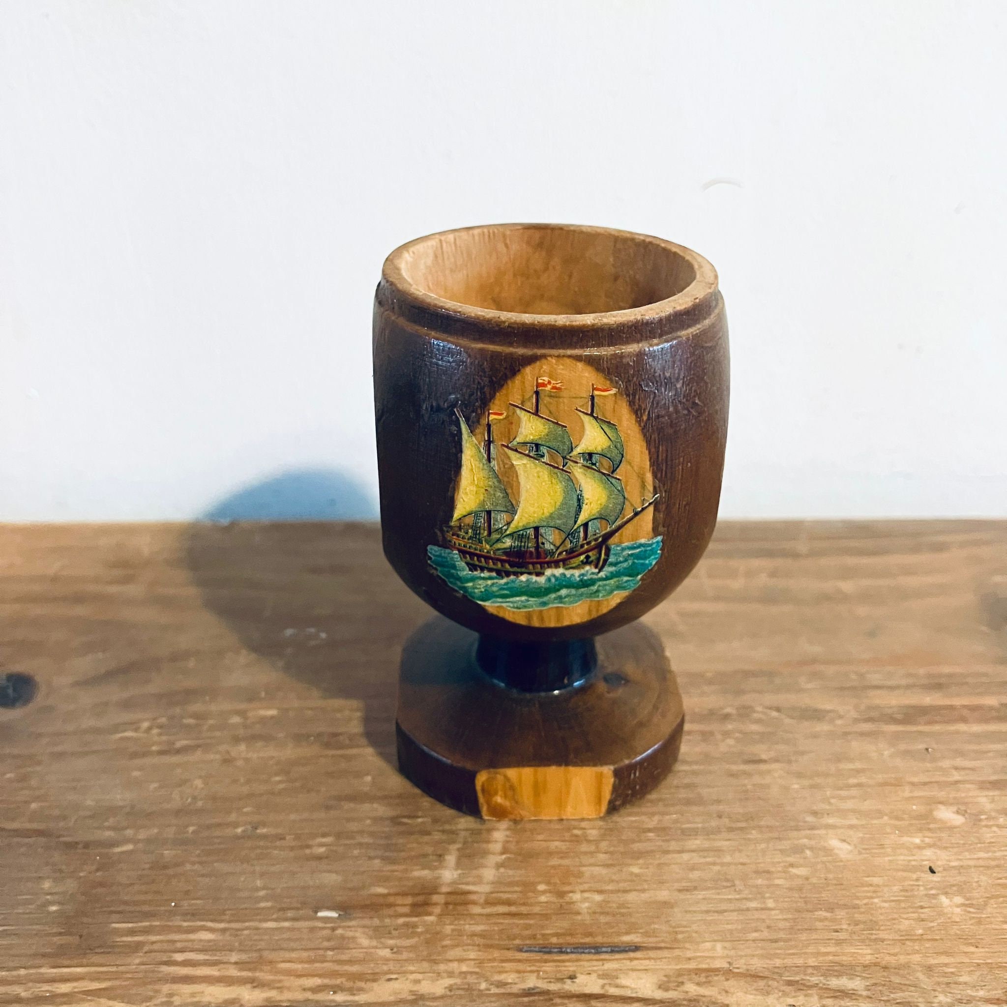 Vintage 60s/70s Calais Wooden Carved Souvenir Egg Cup Ship Marine 7.5cm