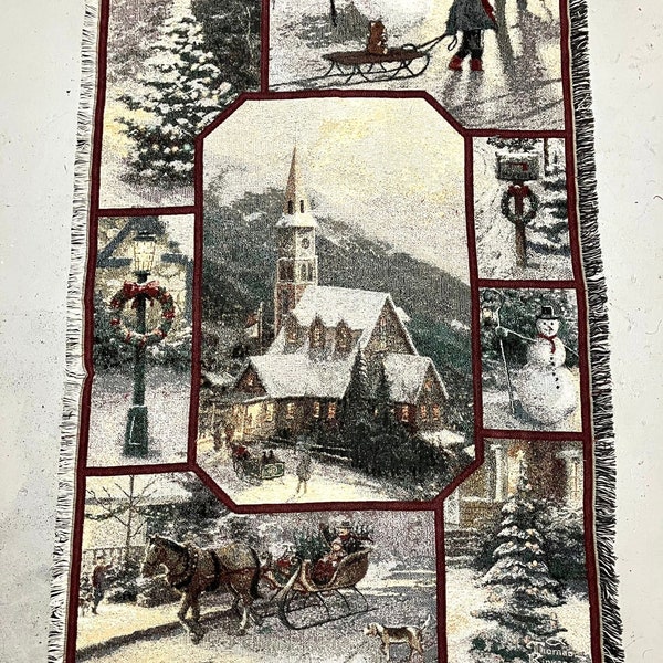 Tapis/jeté vintage avec scène de maison de Noël peinte - Thomas Kinkade - 162 cm x 106 cm