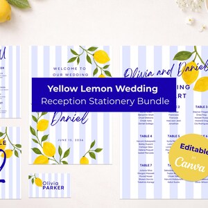 Peut inclure: Un ensemble de papeterie de mariage avec un motif à rayures verticales bleu clair et blanc, orné d'illustrations de citrons jaunes et de feuilles vertes. Le lot comprend un menu, un panneau d'accueil, un numéro de table et un plan de table.