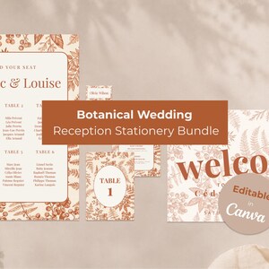 Peut inclure: Un ensemble de papeterie de réception de mariage botanique comprenant un plan de table, une carte de numéro de table et un panneau de bienvenue. Les articles ont un fond crème avec des illustrations florales rouille et le texte "FIND YOUR SEAT", "Cédric & Louise", "TABLE 1" et "welcome".