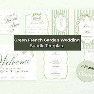 Peut inclure: Ensemble de modèles de papeterie de mariage verts et blancs, comprenant des invitations, des cartons RSVP et des menus. Les motifs présentent des accents floraux et des bordures décoratives. Le texte "Green French Garden Wedding Bundle Template" est affiché.
