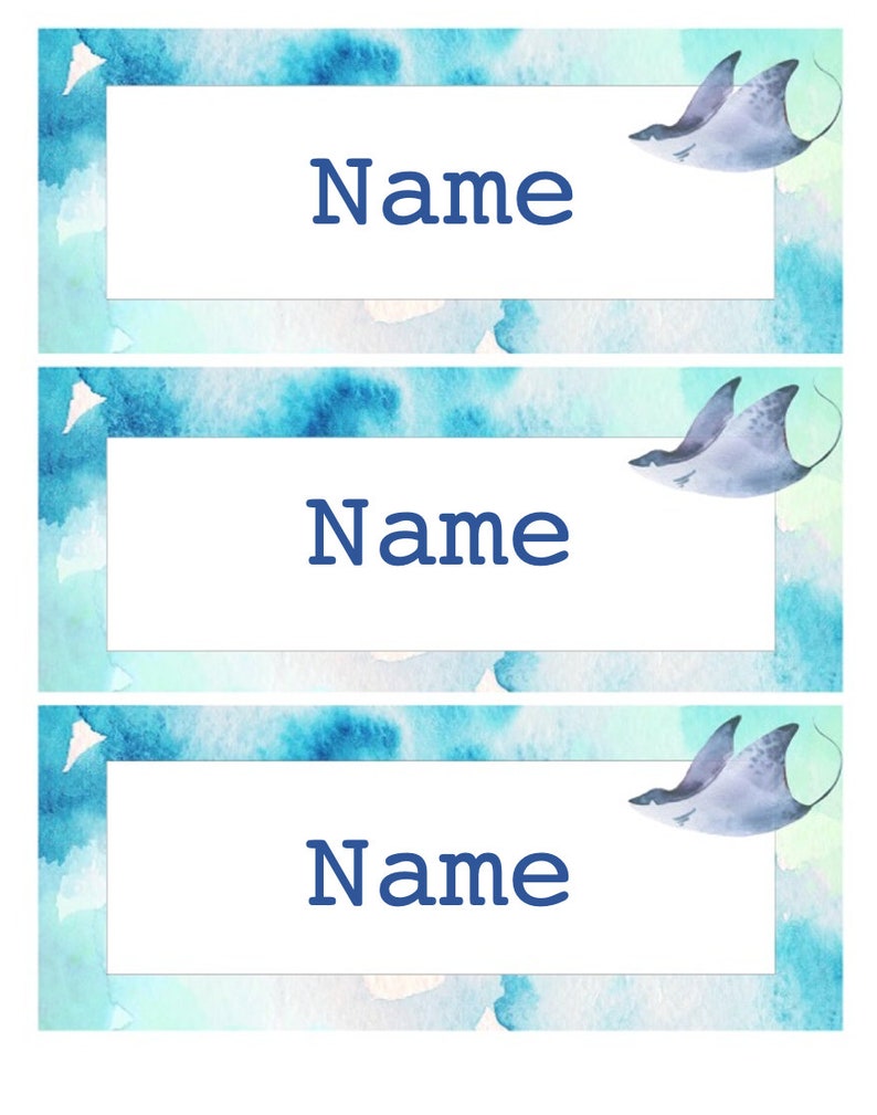 May include: Three blue and green watercolor name tags with a stylized stingray illustration in the top right corner. Each tag has the word "Name" printed in dark blue.
