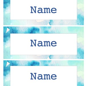 May include: Three blue watercolor name tags with white borders and the word "Name" printed in dark blue.