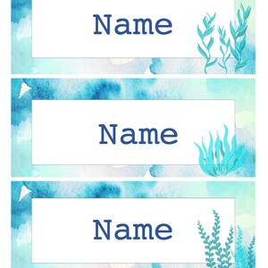 May include: Three blue watercolor name tags with a white background and blue seaweed illustrations. The text "Name" is printed in dark blue on each tag.
