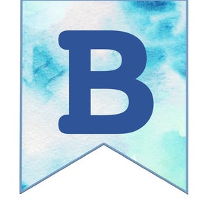 May include: A blue letter B on a light blue watercolor background. The letter is in a banner shape with a pointed bottom.