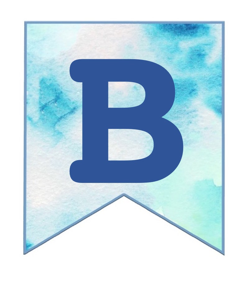 May include: A blue letter B on a light blue watercolor background. The letter is in a banner shape with a pointed bottom.