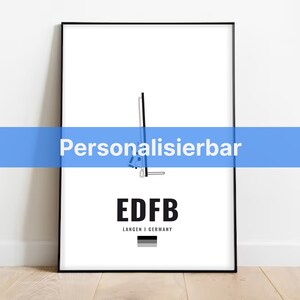 May include: A black and white minimalist poster with the text "EDFB" and "LANGEN I GERMANY" in a black frame. The poster is customisable.