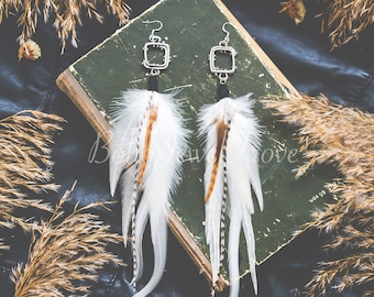 White Feather earrings, Hoops Feather Earrings, Hippie earrings, Bohemian earrings, Long Feather Earrings, Boho Earrings, Feather earrings