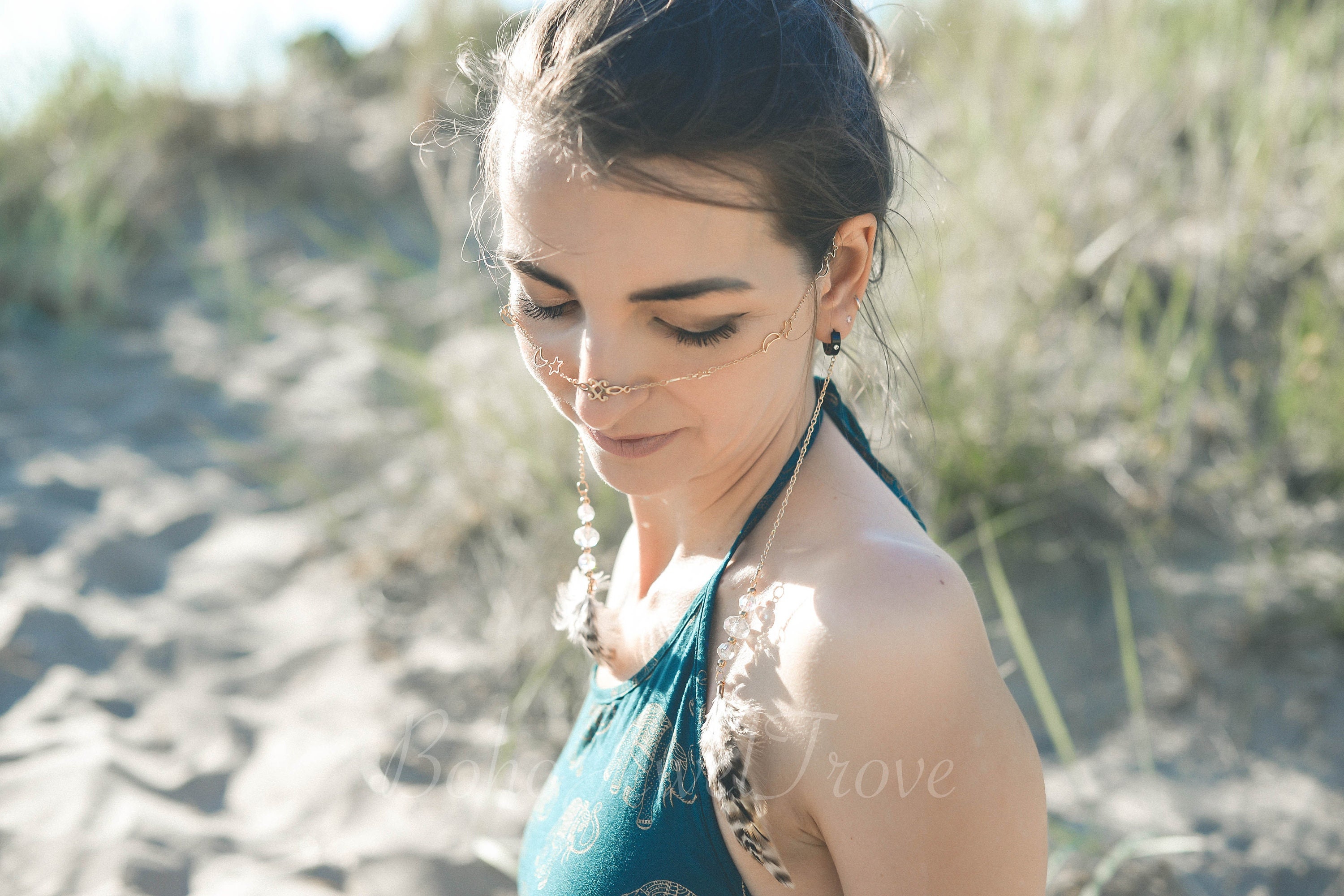 Feather Boho Face Chain, Festival accessories, Body Jewelry, Festival Jewelry, Body chain, Coachella fashion, Face mask, Bohemian jewelry