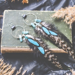 Blue Boho Feather earrings, Hoops Earrings, Hippie earrings, Bohemian earrings, Long Feather Earrings, Boho Earrings, Crystal earrings