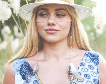 Catena per il viso Boho di piume, Accessori per festival, Gioielli per il corpo, Gioielli per festival, Catena per il corpo, Moda Coachella, Maschera per il viso, Gioielli Boho